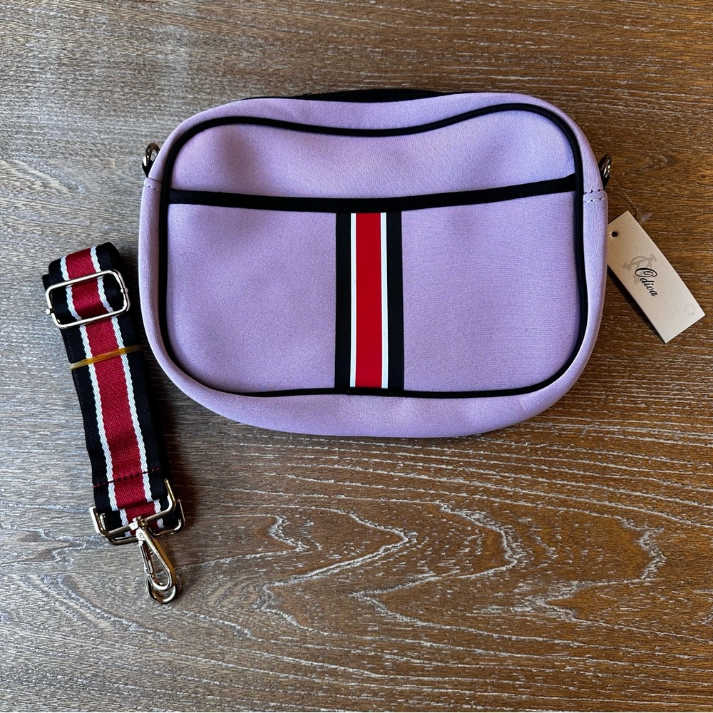Pink Crossbody Bag with Striped Strap Exterior pocket malfunction. NWT